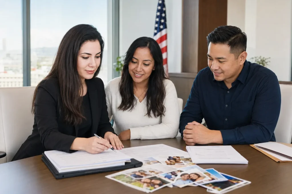 Nazli Usaklioglu reviewing an organized marriage-based green card petition with a couple