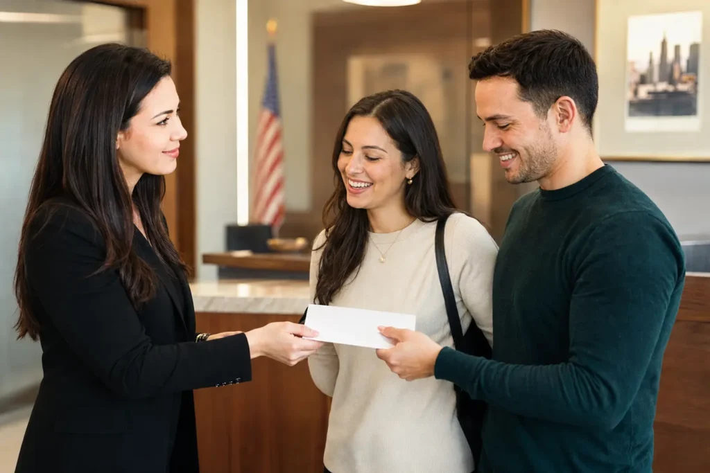 Nazli Usaklioglu presenting a marriage-based green card approval envelope to a couple