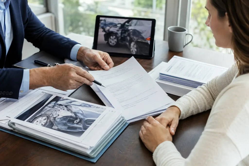 Attorney and client reviewing an organized car accident insurance demand and settlement offer