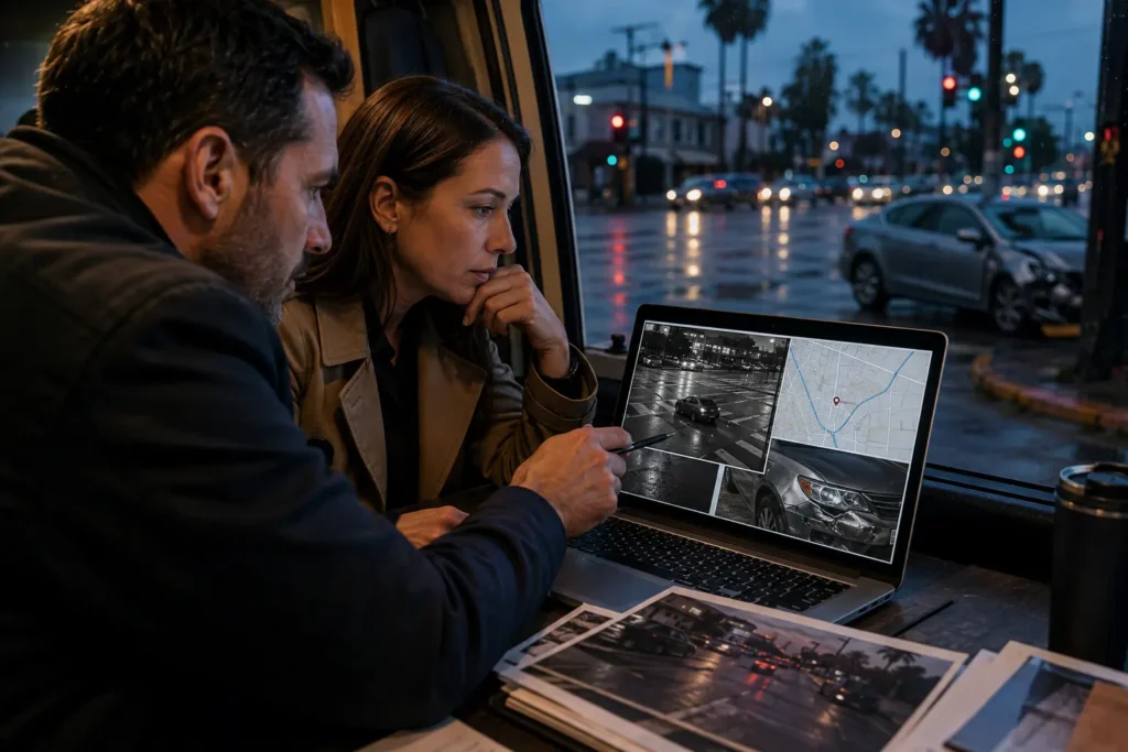 Legal investigators reviewing traffic camera evidence from a California hit-and-run collision