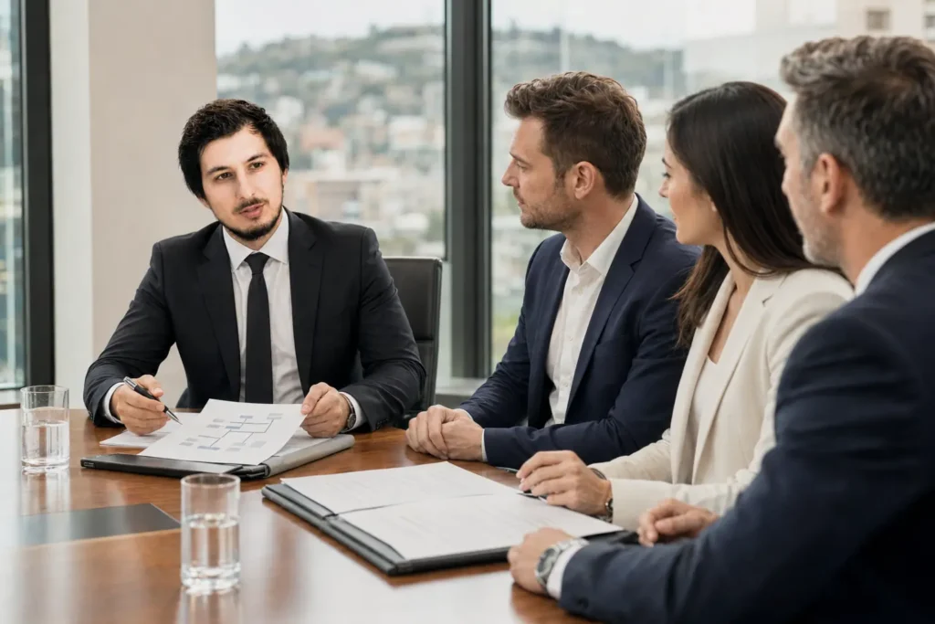 Yavuz Usaklioglu advising business founders during a major transaction