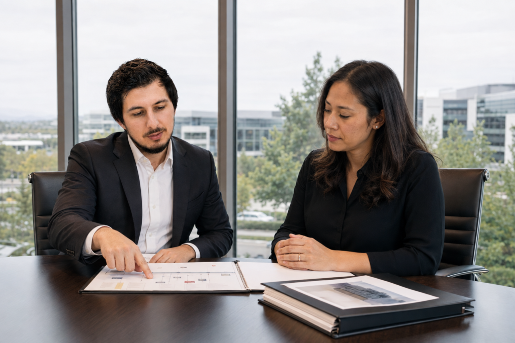 Yavuz Usaklioglu reviewing an employment discrimination case timeline with a client