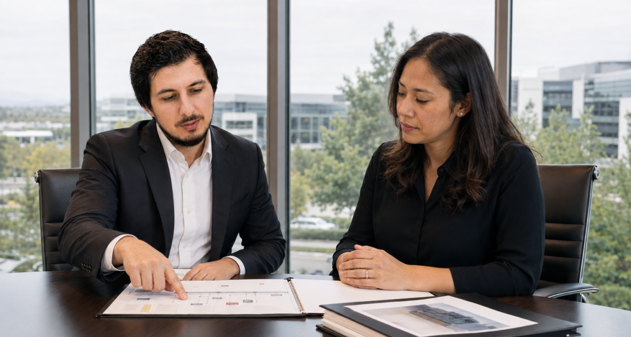 Yavuz Usaklioglu reviewing an employment discrimination case timeline with a client