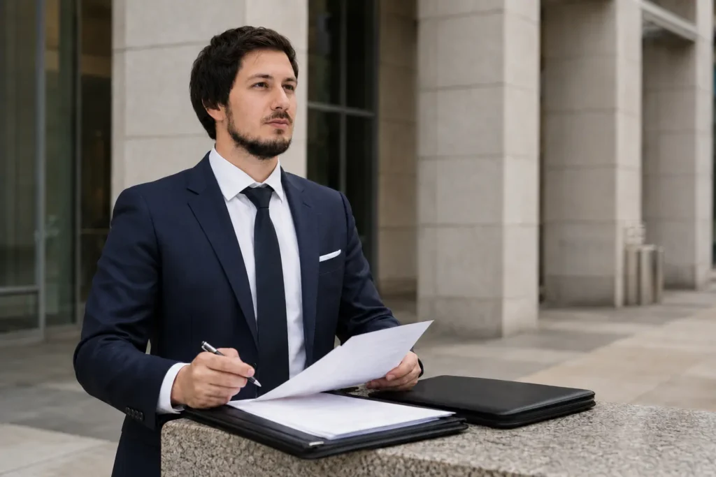 Yavuz Usaklioglu reviewing purchase and leaseback documents outside a California courthouse