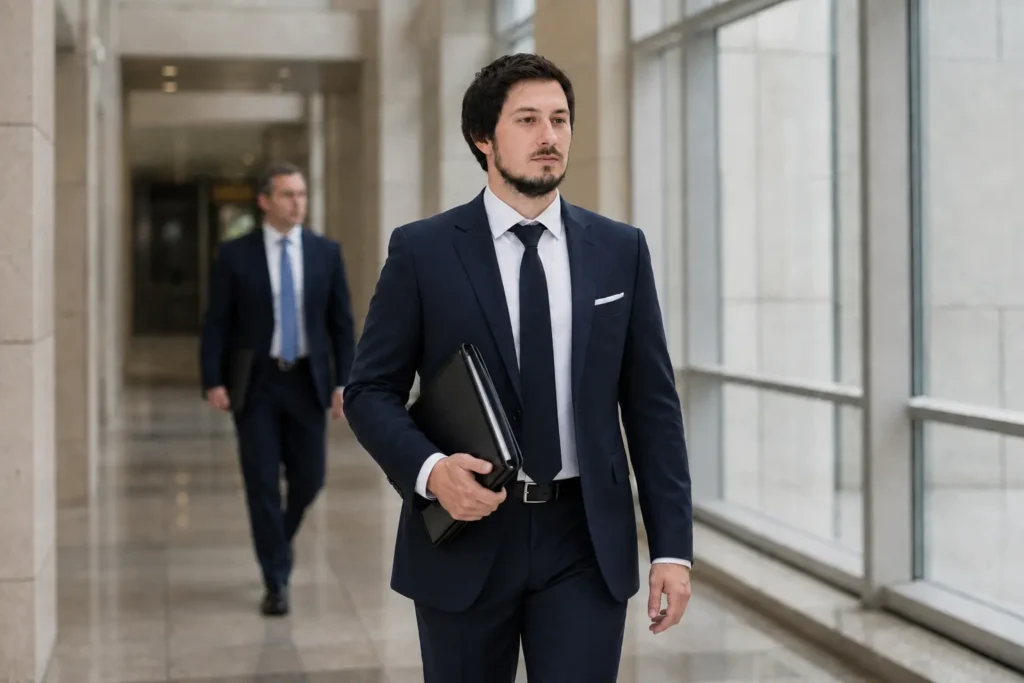 Yavuz Usaklioglu carrying litigation files inside a California courthouse for an international energy dispute case study